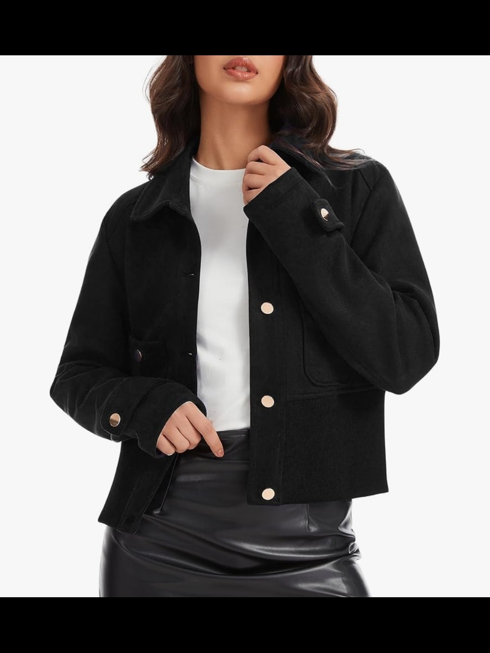 Women’s Black Faux Suede Cropped Jacket – Gold Button Detail – NWOT